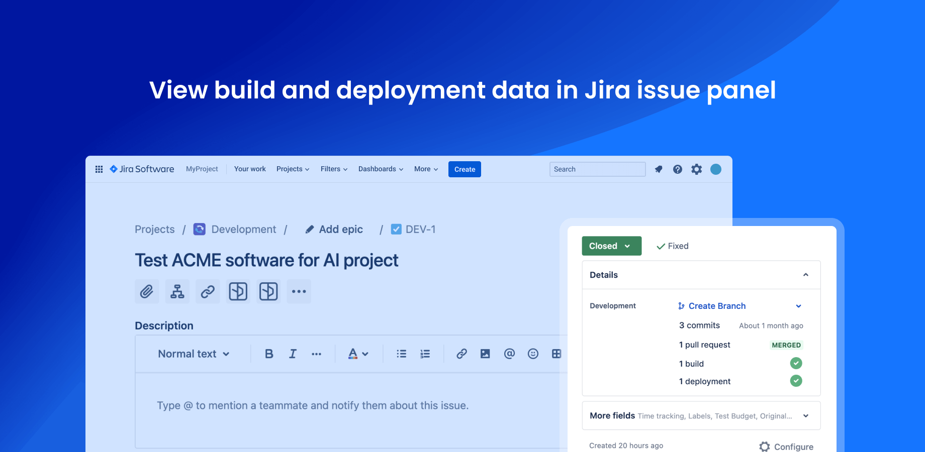 Build and deployment data is shown on the right panel of a Jira issue.